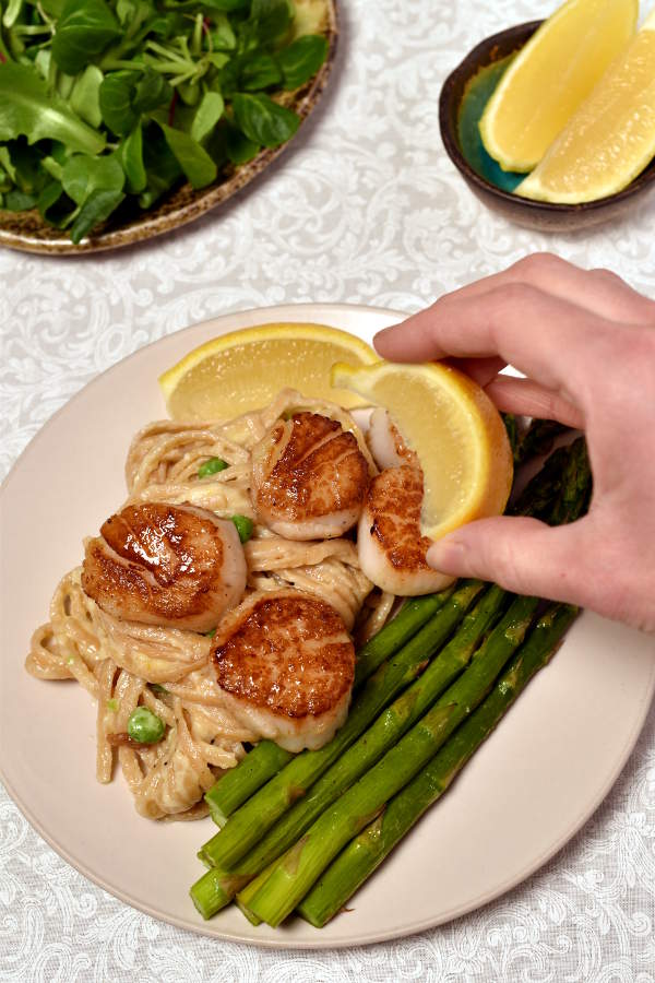 Scallops with Roast Asparagus and Creamy Pasta - Wednesday Night Cafe